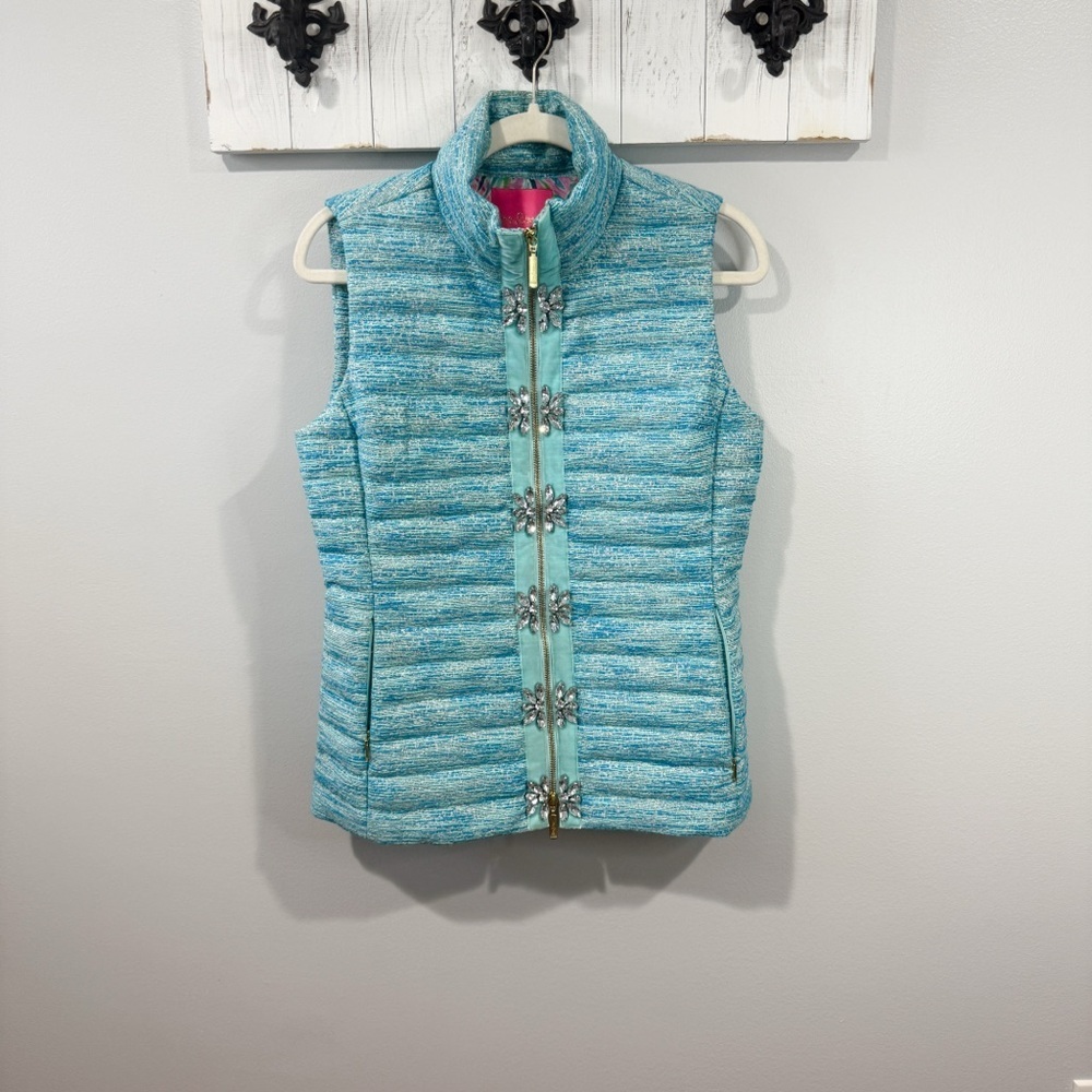 Lilly Pulitzer Noella Vest with Rhinestone Accents Blue Turquoise Size S - Picture 2 of 6
